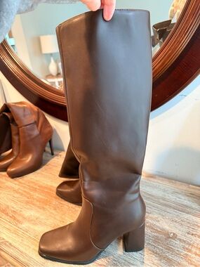 Tall, Dark Brown Women's Faux Leather, Square Toe, Chunky Heel Boots